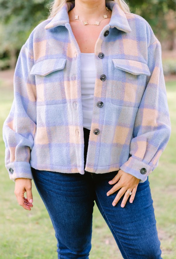 Chic Soul plus size clothing, orange and blue checkered cropped fleece button up shacket