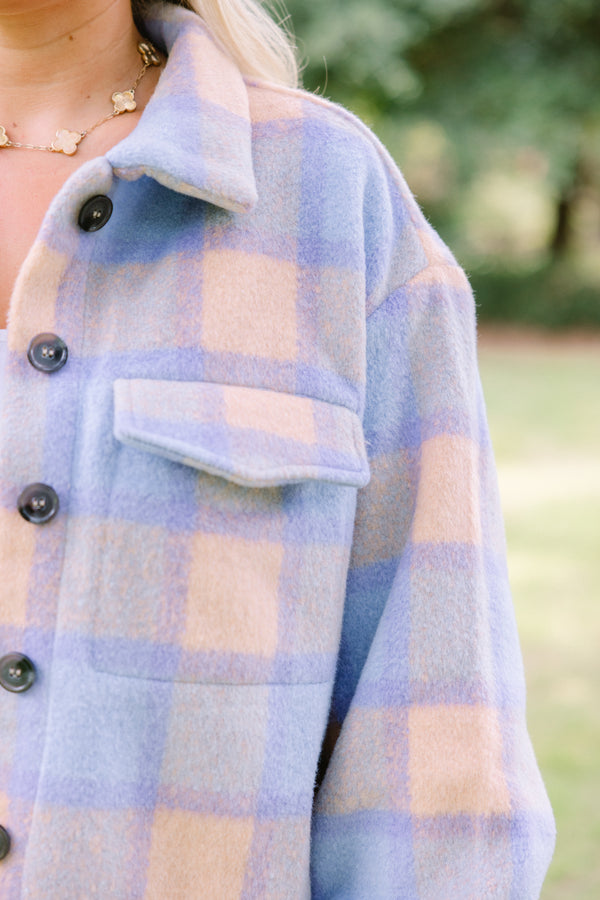 Chic Soul plus size clothing, orange and blue checkered cropped fleece button up shacket