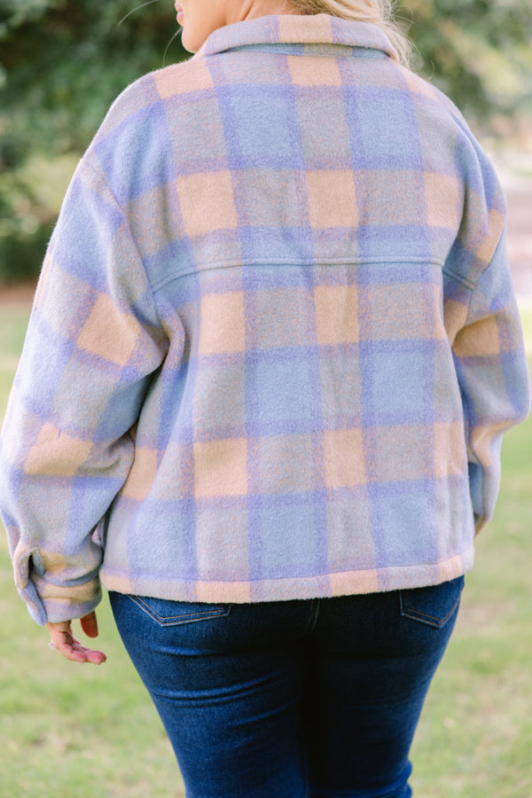 Chic Soul plus size clothing, orange and blue checkered cropped fleece button up shacket