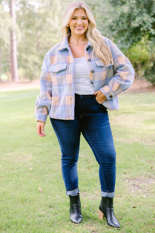 Chic Soul plus size clothing, orange and blue checkered cropped fleece button up shacket