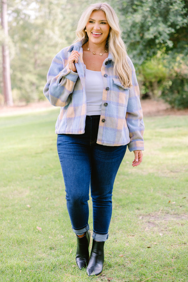 Chic Soul plus size clothing, orange and blue checkered cropped fleece button up shacket