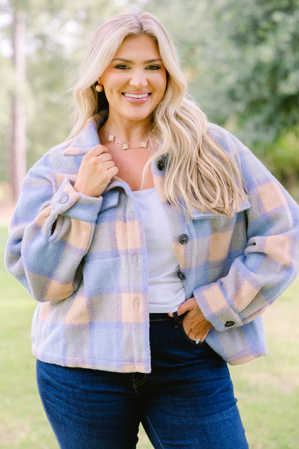 Chic Soul plus size clothing, orange and blue checkered cropped fleece button up shacket
