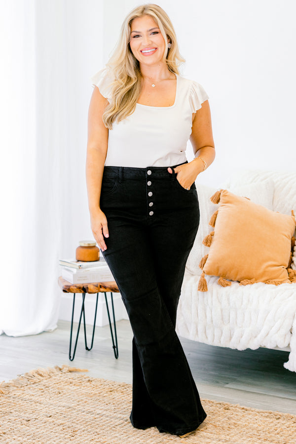 Chic Soul plus size clothing, black button fly flare jeans