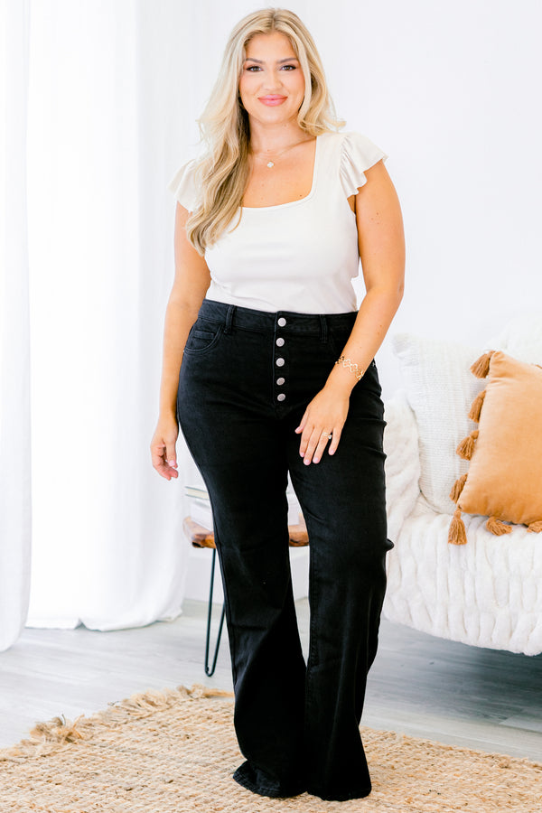 Chic Soul plus size clothing, black button fly flare jeans