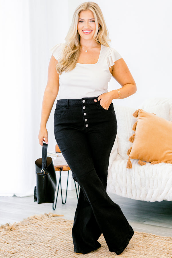Chic Soul plus size clothing, black button fly flare jeans