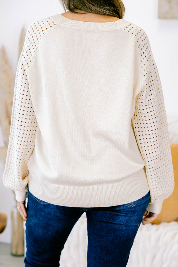 Chic Soul plus size clothing, cream long sleeve sweater with v neck and small hole pattern on sleeves