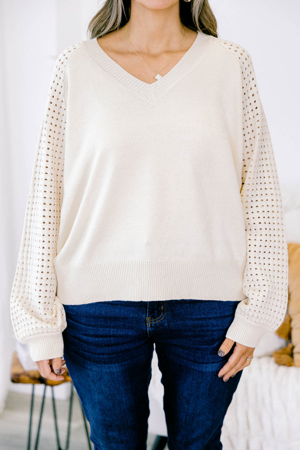 Chic Soul plus size clothing, cream long sleeve sweater with v neck and small hole pattern on sleeves