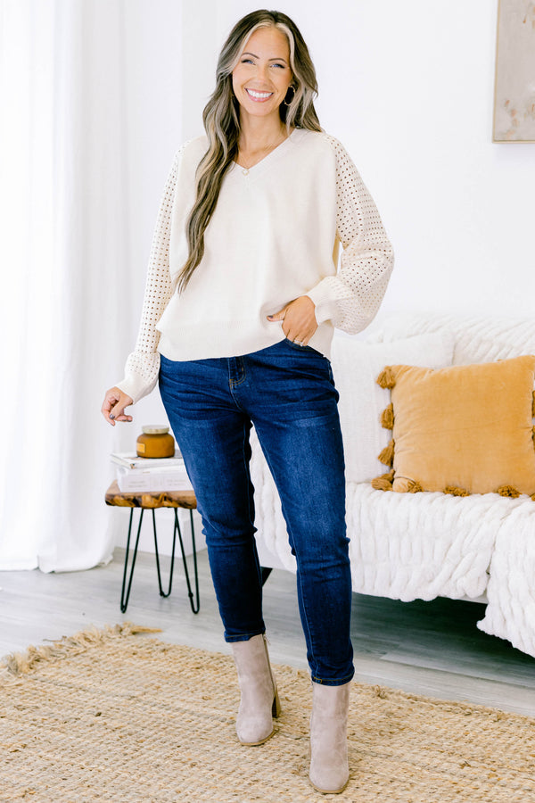 Chic Soul plus size clothing, cream long sleeve sweater with v neck and small hole pattern on sleeves