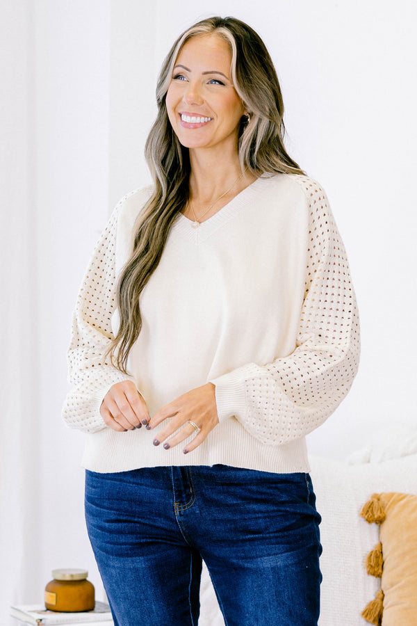 Chic Soul plus size clothing, cream long sleeve sweater with v neck and small hole pattern on sleeves