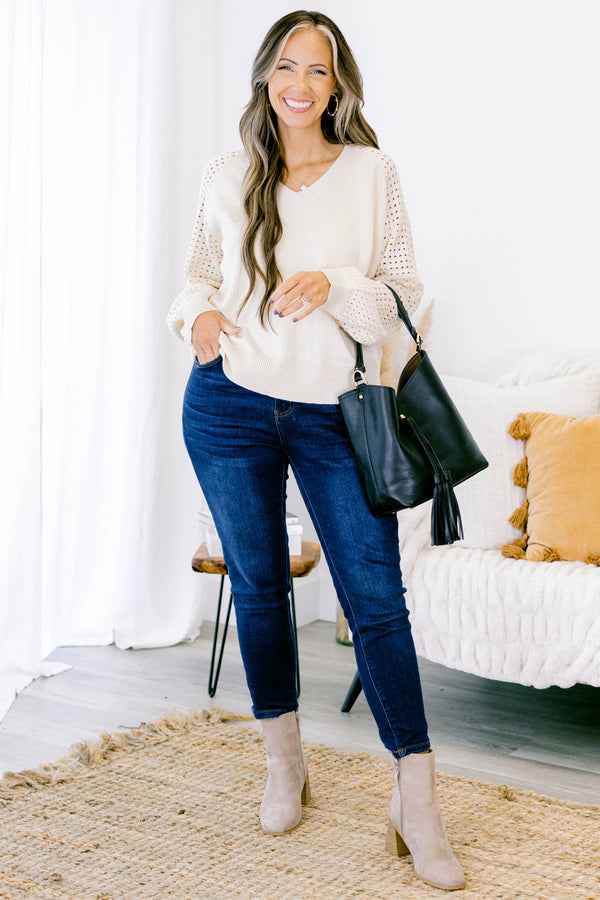 Chic Soul plus size clothing, cream long sleeve sweater with v neck and small hole pattern on sleeves