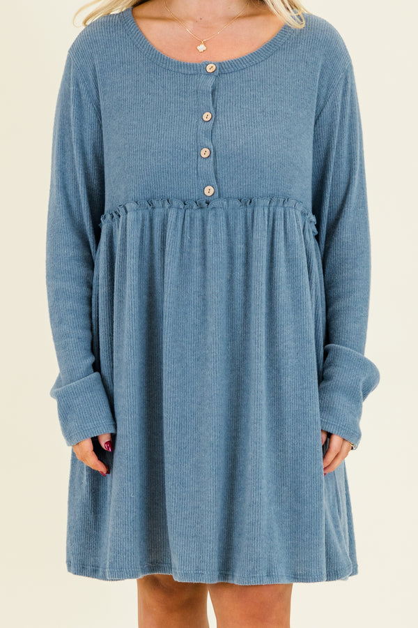 Chic Soul plus size clothing,  long-sleeve blue baby doll dress with scoop-neckline and brown button detailing