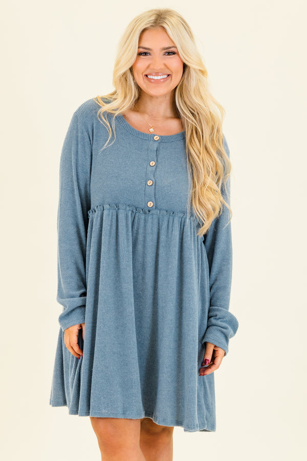 Chic Soul plus size clothing,  long-sleeve blue baby doll dress with scoop-neckline and brown button detailing