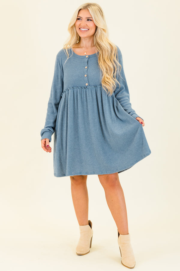 Chic Soul plus size clothing,  long-sleeve blue baby doll dress with scoop-neckline and brown button detailing