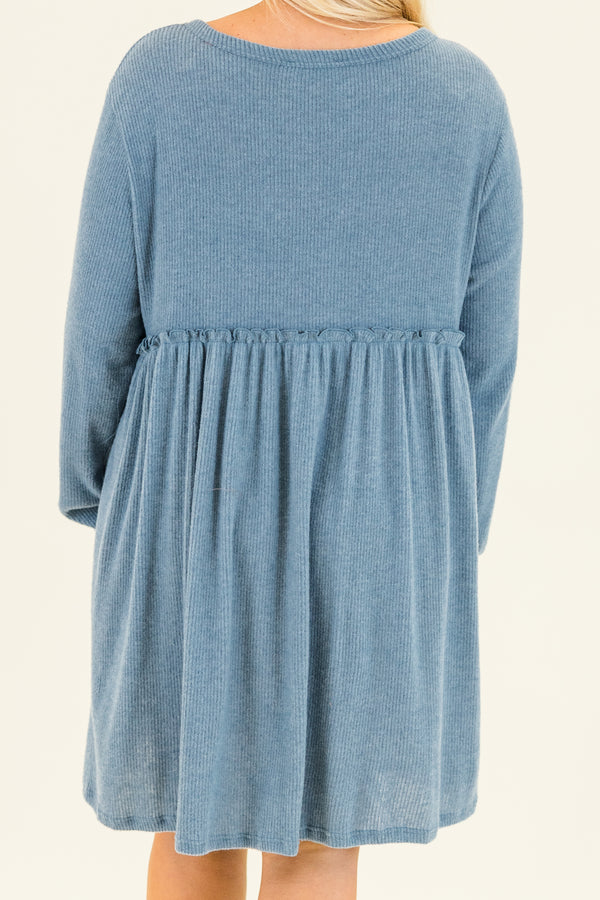 Chic Soul plus size clothing,  long-sleeve blue baby doll dress with scoop-neckline and brown button detailing