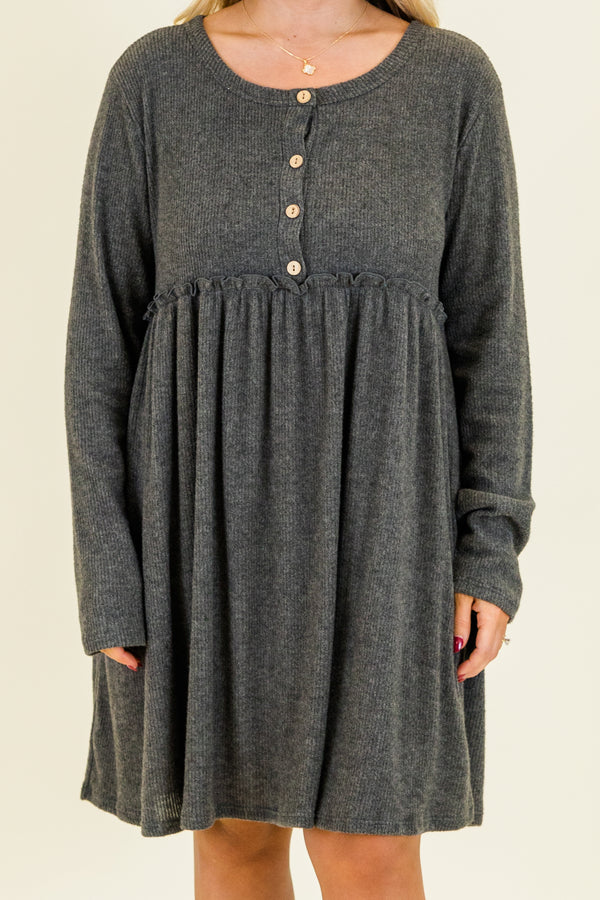 Chic Soul plus size clothing, long-sleeve charcoal gray baby doll dress with scoop-neckline and brown button detailing