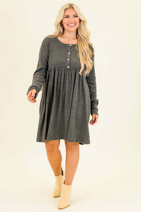 Chic Soul plus size clothing, long-sleeve charcoal gray baby doll dress with scoop-neckline and brown button detailing