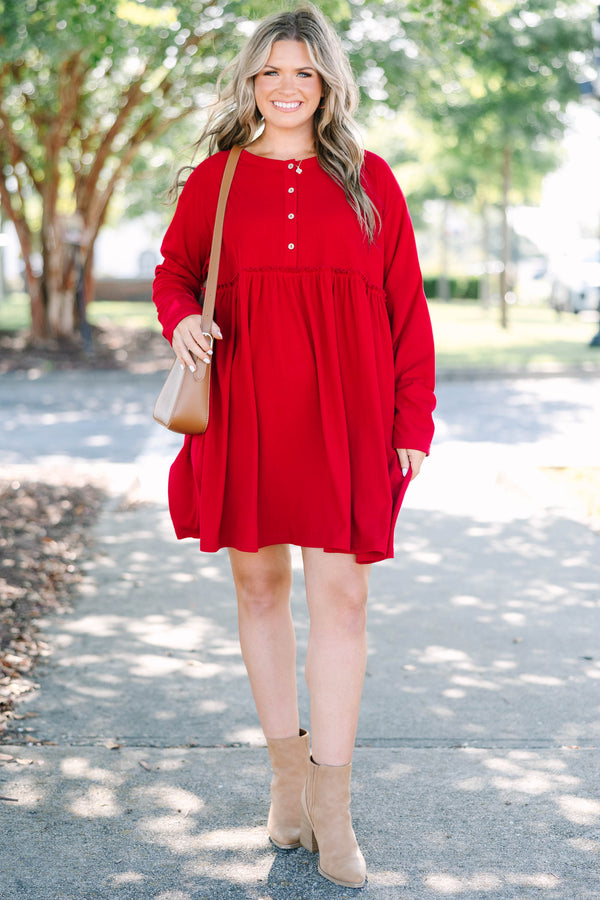 Plus size red Lighthouse Lullaby Dress with a flowy babydoll fit, button front, and ribbed fabric.