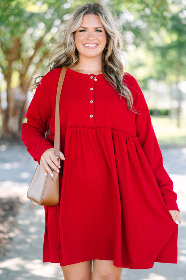 Plus size red Lighthouse Lullaby Dress with a flowy babydoll fit, button front, and ribbed fabric.