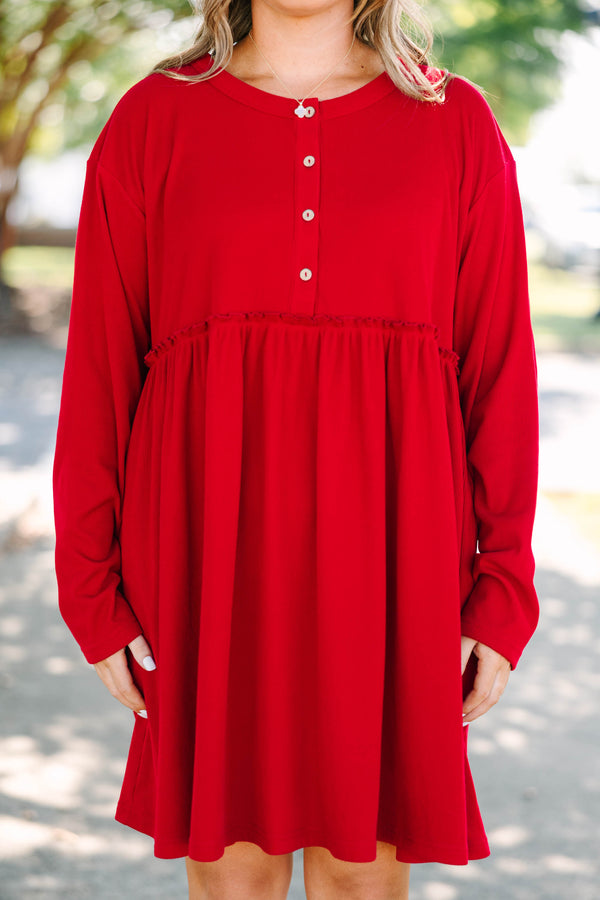 Plus size red Lighthouse Lullaby Dress with a flowy babydoll fit, button front, and ribbed fabric.