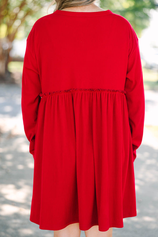 Plus size red Lighthouse Lullaby Dress with a flowy babydoll fit, button front, and ribbed fabric.