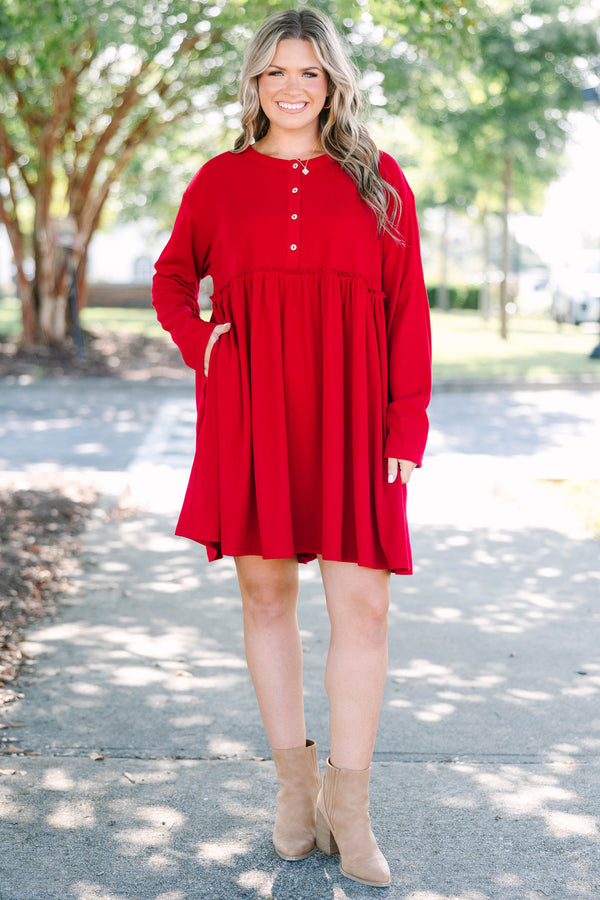 Plus size red Lighthouse Lullaby Dress with a flowy babydoll fit, button front, and ribbed fabric.