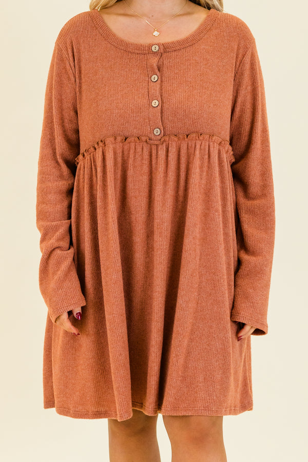 Chic Soul plus size clothing, rust ribbed knit long sleeve knee length dress with round neckline with button up detail with ruffle detail along waist 