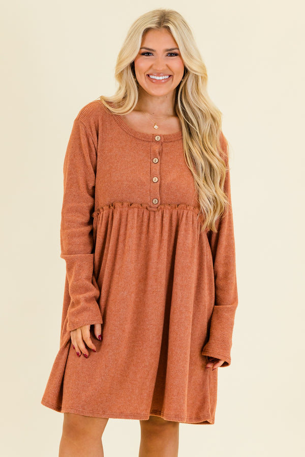 Chic Soul plus size clothing, rust ribbed knit long sleeve knee length dress with round neckline with button up detail with ruffle detail along waist 