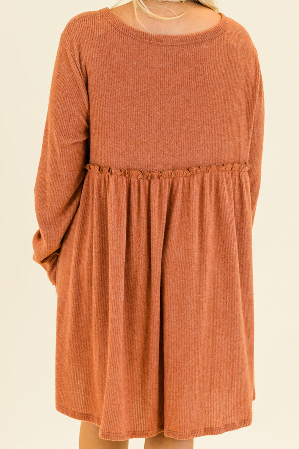 Chic Soul plus size clothing, rust ribbed knit long sleeve knee length dress with round neckline with button up detail with ruffle detail along waist 