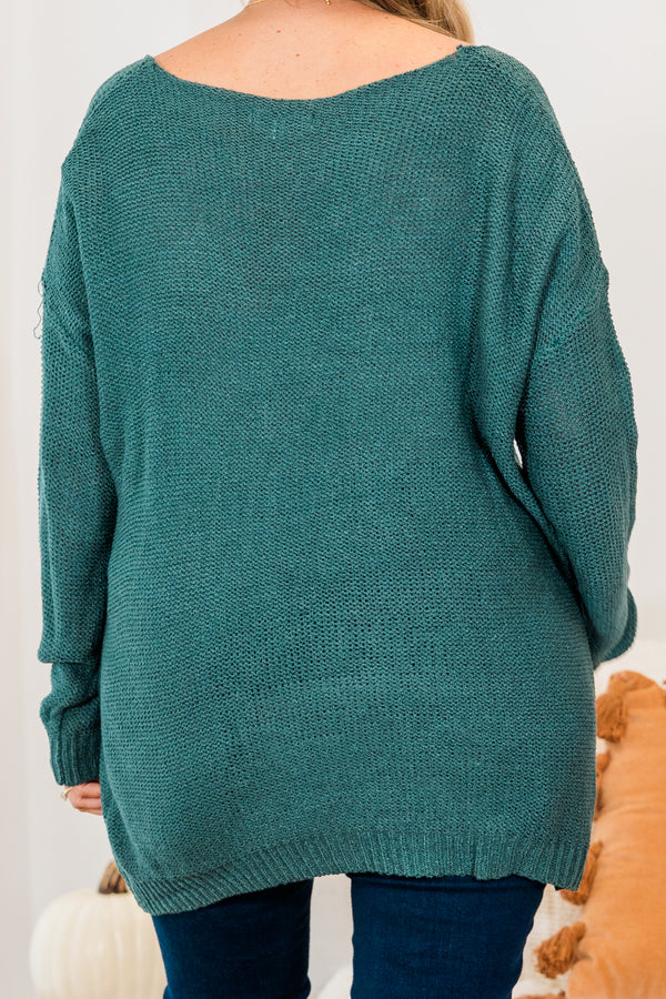 Chic Soul plus size clothing, green long sleeve knit sweater with v neckline and cuff sleeve detail