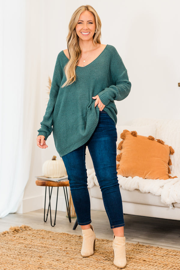 Chic Soul plus size clothing, green long sleeve knit sweater with v neckline and cuff sleeve detail