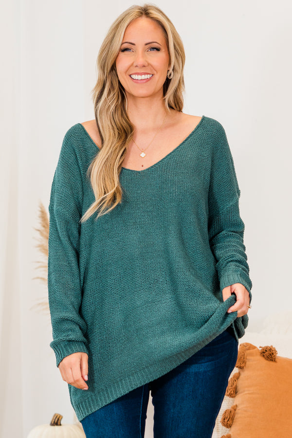Chic Soul plus size clothing, green long sleeve knit sweater with v neckline and cuff sleeve detail