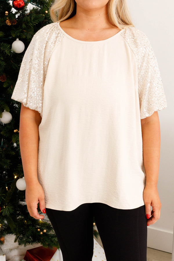 Chic Soul plus size clothing, white champagne colored tunic length top with sequin sleeves