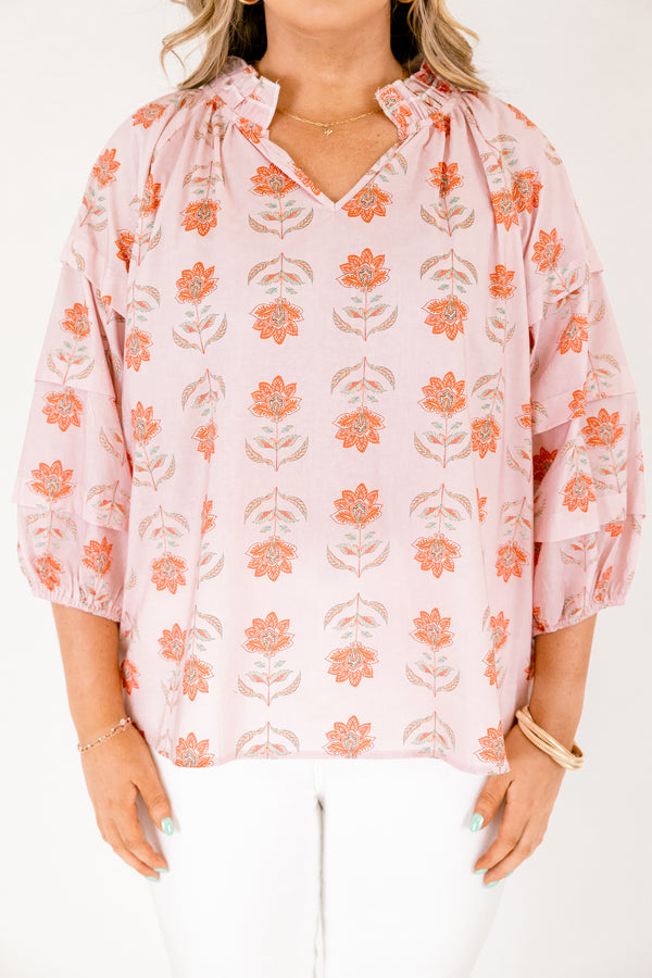 Chic Soul plus size clothing, pink top with half bubble sleeves and a slight v-neckline as well as a pink floral pattern throughout 