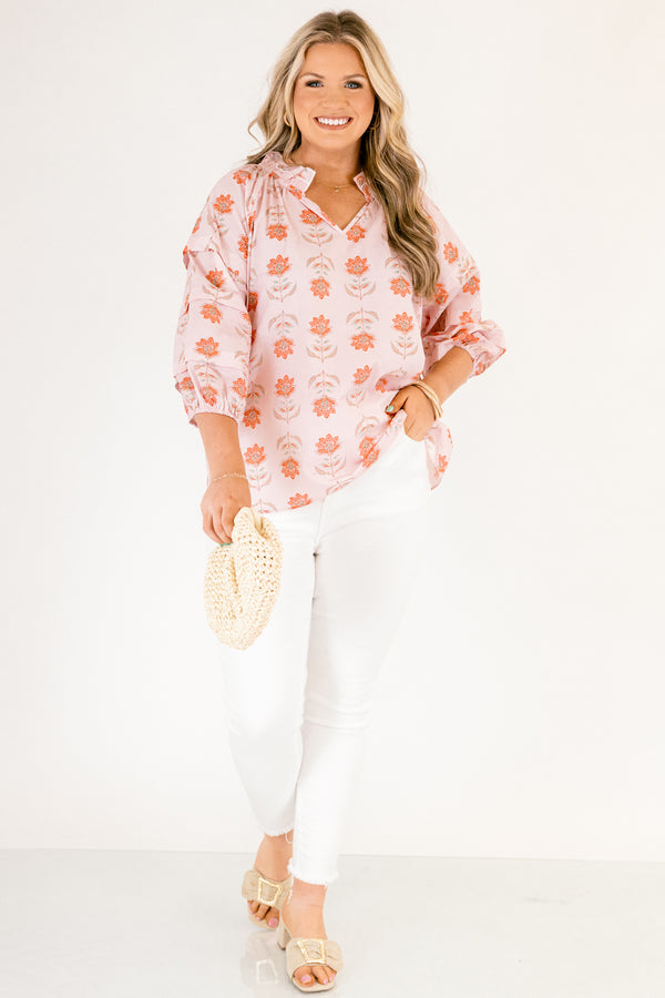 Chic Soul plus size clothing, pink top with half bubble sleeves and a slight v-neckline as well as a pink floral pattern throughout 