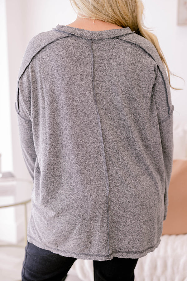 Chic Soul plus size clothing, heather dark grey long sleeve casual top