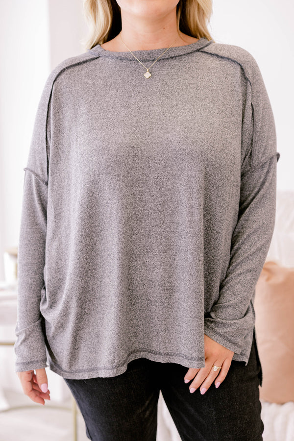 Chic Soul plus size clothing, heather dark grey long sleeve casual top