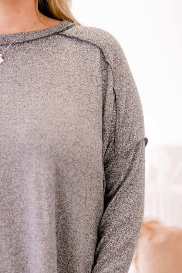 Chic Soul plus size clothing, heather dark grey long sleeve casual top