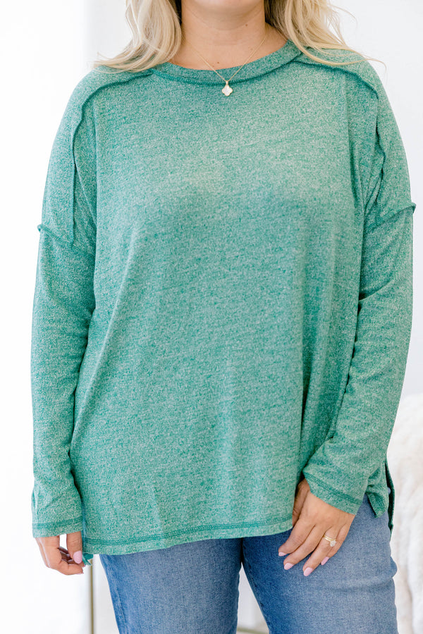 Chic Soul plus size clothing, dark green long sleeve casual crewneck top
