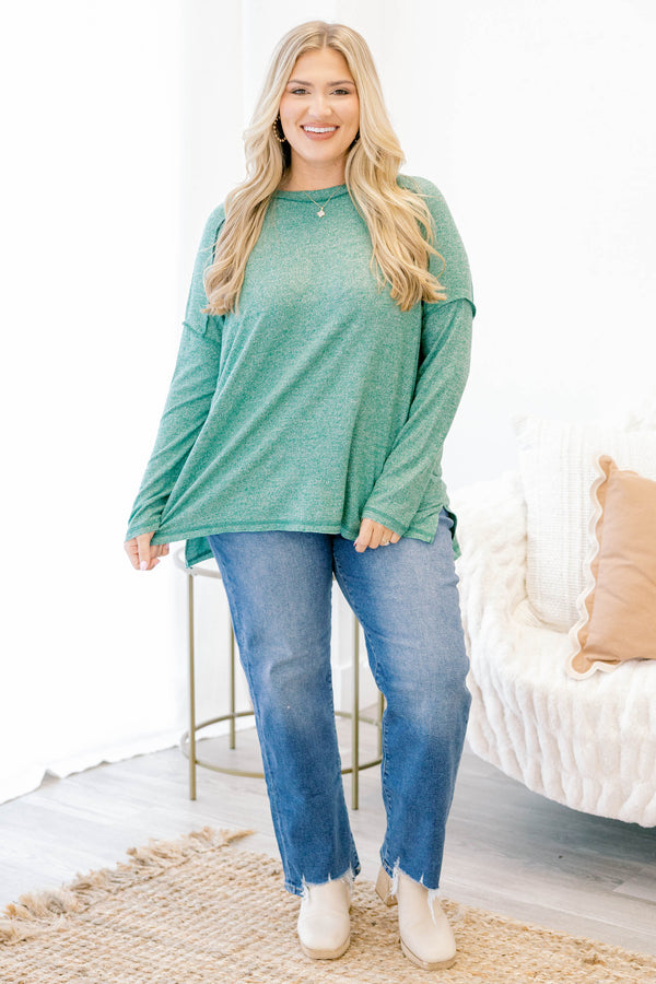 Chic Soul plus size clothing, dark green long sleeve casual crewneck top