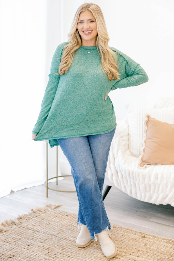 Chic Soul plus size clothing, dark green long sleeve casual crewneck top