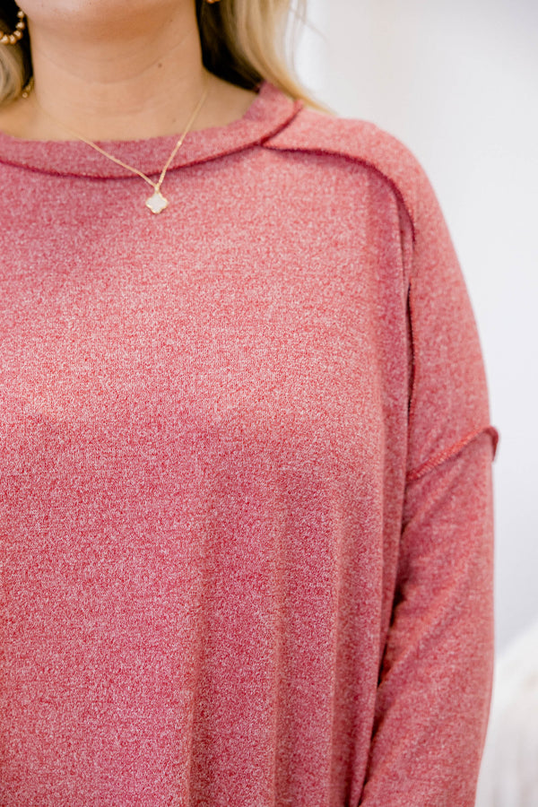 Chic Soul plus size clothing, dark red heather long sleeve casual crew neck top