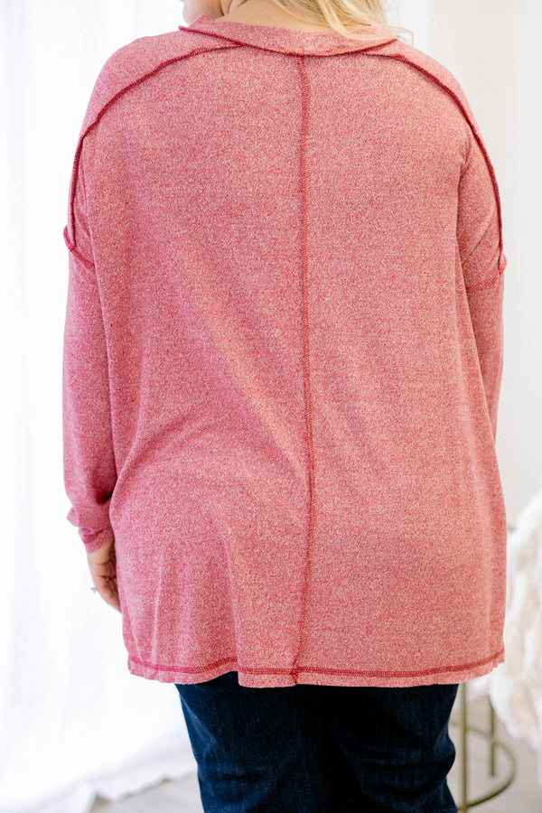 Chic Soul plus size clothing, dark red heather long sleeve casual crew neck top