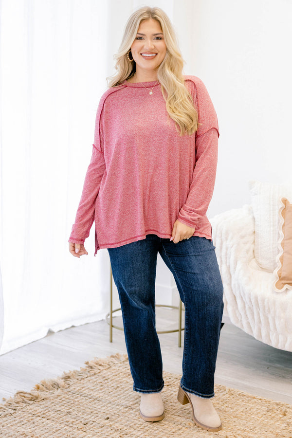 Chic Soul plus size clothing, dark red heather long sleeve casual crew neck top