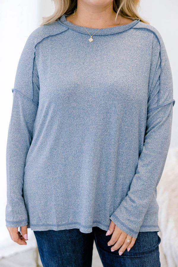 Chic Soul plus size clothing, dusty blue long sleeve casual top