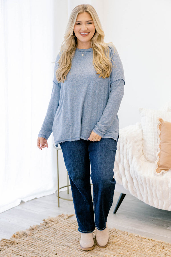 Chic Soul plus size clothing, dusty blue long sleeve casual top