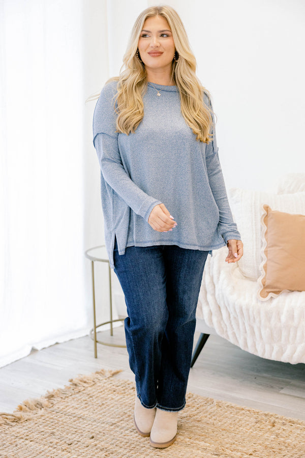 Chic Soul plus size clothing, dusty blue long sleeve casual top