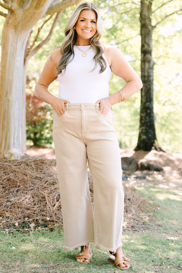 Chic Soul plus size clothing, khaki tan jeans with heavy distressing at the hem