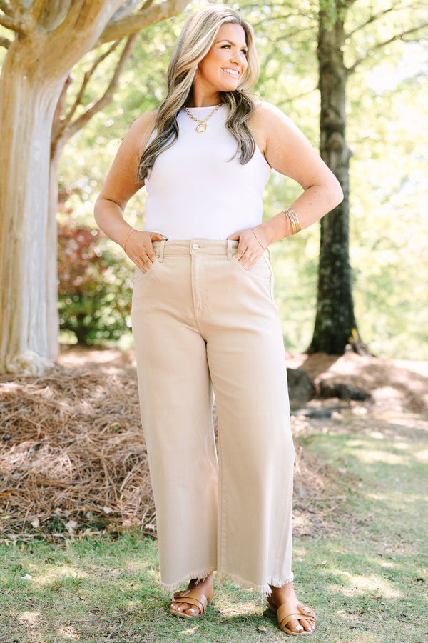 Chic Soul plus size clothing, khaki tan jeans with heavy distressing at the hem