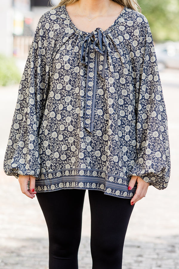 Chic Soul plus size clothing, olive long sleeve boho floral print top with tie neckline detail with round neckline and bubble sleeves
