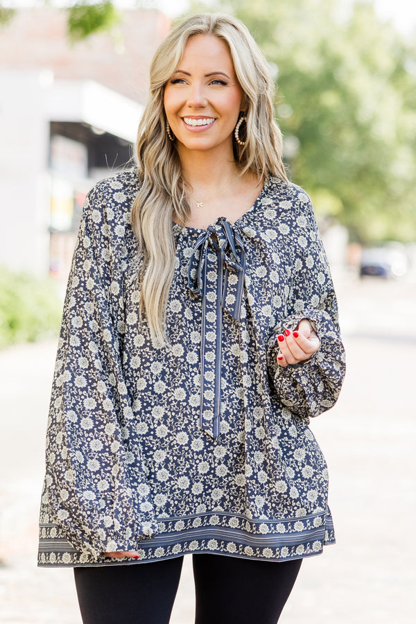Chic Soul plus size clothing, olive long sleeve boho floral print top with tie neckline detail with round neckline and bubble sleeves